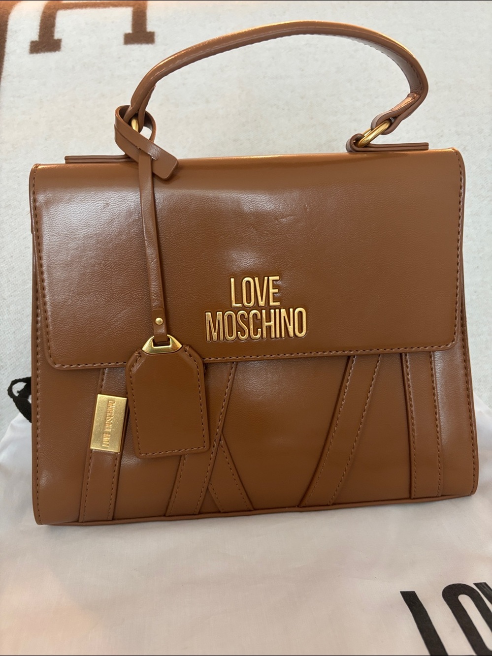 NWOT Love Moschino Tan Brown Top-Handle Satchel with Gold Hardware w/ dust bag - Picture 2 of 9